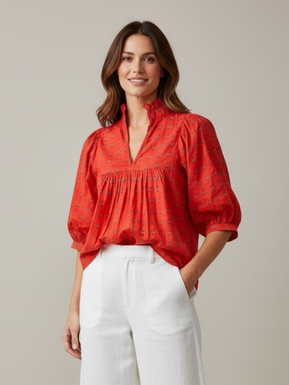 Never A Wallflower Poppy Red Geometric Print Cotton Blouse, Size Large